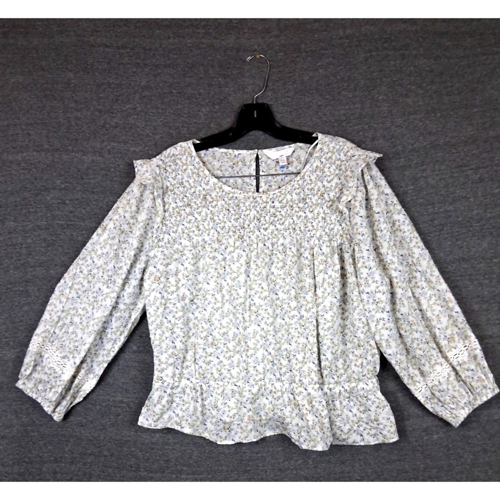 LC Womens Shirt 2XL White Ditsy Floral Peplum Prairie Cottage Smocking Ruffle